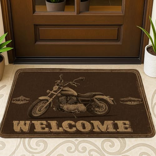 Retro-Motorrad-Fußmatte, braun, Willkommensmatte für Innen- und Außenbereich, Eingangsbereich, Vintage-Dekor, rutschfest, wasserdicht, staubabweisend, pflegeleicht, 73,2 x 43,2 cm