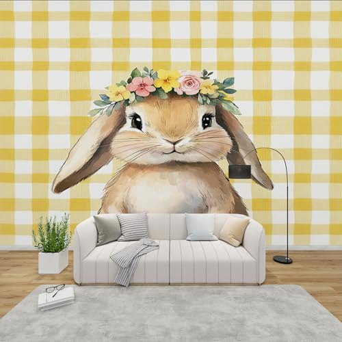 QEODAH Fototapete Hase Schlafzimmer, 3D Tapete Gelb Kariert, Vliestapete Gelb, Tapeten Wohnzimmer Muster, Mädchen Süße Kaninchen Wand Deko Kinderzimmer, Wandtapete, Mustertapete Vlies 200x140 cm