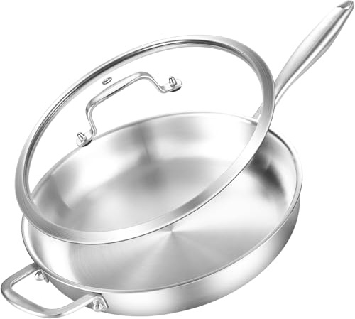 Nontoxicook Professional 30cm Tri-Ply Stainless Steel Frying Pan with Lid | Uncoated, PTFE & PFOA Free, Compatible with All Cooktops up to 315℃, Fast & Even Heat, Induction Cookware, Non Toxic Pan