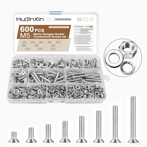 600 Stück M5 Schrauben Set, Edelstahl Senkkopfschrauben Muttern Set, Metrisch Flachkopfschrauben Innensechskant Schrauben mit Muttern Sets mit Unterlegscheiben, Senkkopf Gewindeschrauben Sortiment