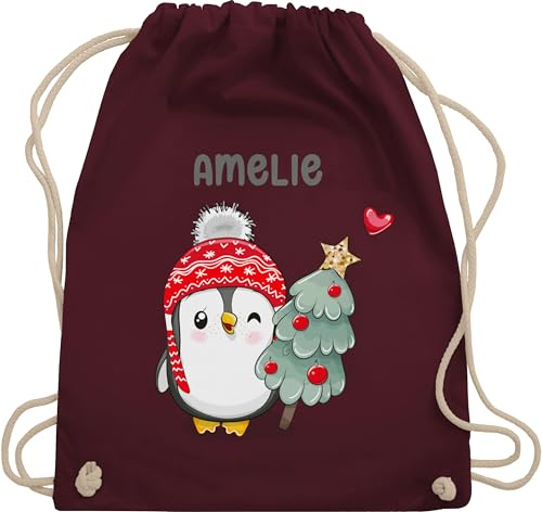 Turnbeutel Rucksack - Süßer Pinguin Geschenk mit Name personalisiert Weihnachten I Weihnachtsmotiv Pinguin I Weihnachtsgeschenke Pinguine - Unisize - Bordeauxrot - weihnachtsrucksack weinachts
