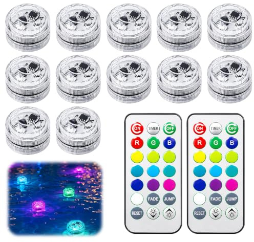 12 Stück Mini Unterwasser Licht, LED Teelichter Bunt mit 2 Fernbedienung, Mehrfarbige Teichbeleuchtung, 4 Modi 13 Farben RGB,LED Kerzen,Led Licht mit Fernbedienung für Aquarium, Teich, Garten, Party