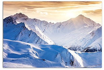 Paul Sinus Art 120x80cm - WANDBILD Winterlandschaft Schnee Berge Abendsonne - Leinwandbild auf Keilrahmen modern stilvoll - Bilder und Dekoration