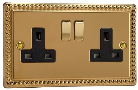 XG5DB Varilight Classic Georgian Brass 2 Gang 13A Plug Socket Decorative & Black Insert