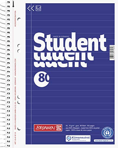 Brunnen Collegeblock Student Recycling | A5, Lineatur 4, 80 Blatt, blau