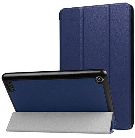 SATURCASE Case for Amazon Fire 7 2017 Released (7th Generation), PU Leather Flip Foldable Folio Stand Protective Tablet Cover (Dark Blue)