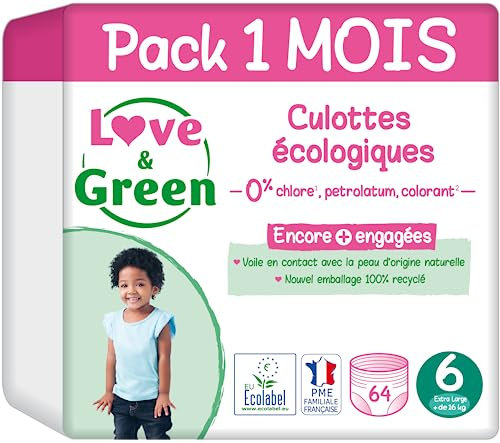 Love & Green - Gesunde und umweltfreundliche Windeln, Größe 6 (+16 kg), 1 Monat (64 Höschen) – saugfähig, auslaufsicher und ohne unerwünschte Inhaltsstoffe