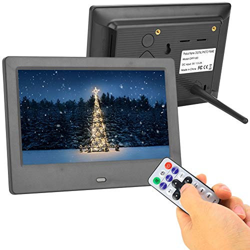 7 Zoll Bilderrahmen Digital mit Fernbedienung, TFT Display 16:9 Bildschirm Foto/Video/Musik Player mit Kalender Wecker, Unterstützt USB, SD/MS/MMC bis 32GB(Schwarz)