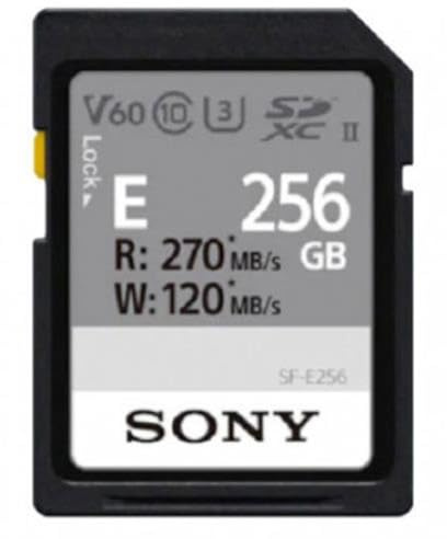 Sony E series SDXC UHS-II Card 256GB, V60, CL10, U3, Max R270MB/S, W120MB/S (SF-E256/T1), Black, Small