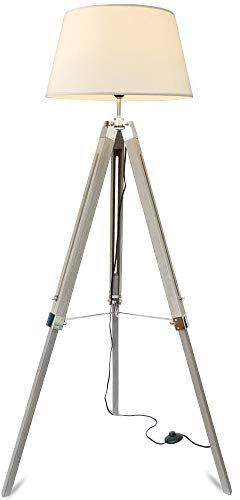mojoliving® Stehlampe Wohnzimmer Schlafzimmer mit Stativ aus Holz - Vintage Deko Stehleuchte Tripod Lampe Leselampe Dreifuss Schirm Weiss, Stativ Braun