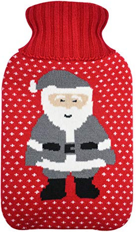 TRIXES Knitted Cover for Hot Water Bottle - Red & Grey Xmas Santa Claus Theme Knitted Insulator -Winter - Xmas Gift Cover Only - Hot Water Bottle not Included
