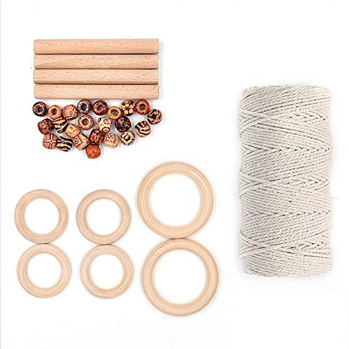 3mm 110Yards Natural Macrame Cotton Cord Thread mit Holzperlen Holzringe Holzstäbchen zum Stricken Kunsthandwerk Wandbehang Pflanzenbügel Kunsthandwerk Home Decoration Handmade DIY