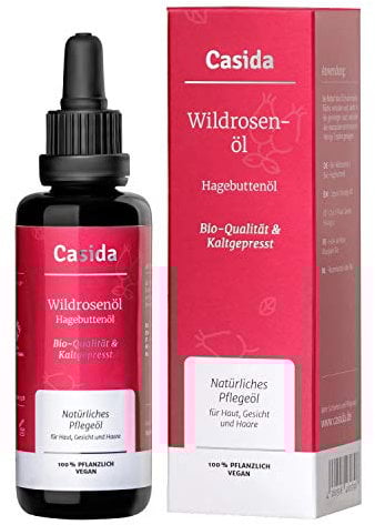 Casida® Hagebuttenöl - Wildrosenöl - 100% BIO & Kaltgepresst für Gesicht & Haut - Hagebuttenkernöl hinterlässt eine seidig, glatte Haut - Aus der Apotheke 50 ml