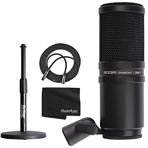 Zoom ZDM-1 microfono dinamico + supporto regolabile per microfono da scrivania + cavo per microfono da XLR-M a XLR-F + panno per la pulizia Photo4Less nero