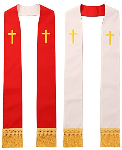 BLESSUME Wendbare Stola mit Quasten, Kirchenpastor, Weiß und Rot Nr. 1, 0