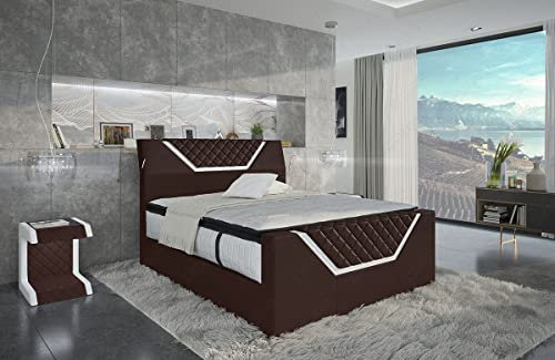 Sofa Dreams Boxspringbett Nantes Leder mit Stauraum LED Licht und Luxus Hotelmatratze Bett in 140x200 160x200 180x200 200x200 200x220 (200 x 200 cm, Braun-Weiß)