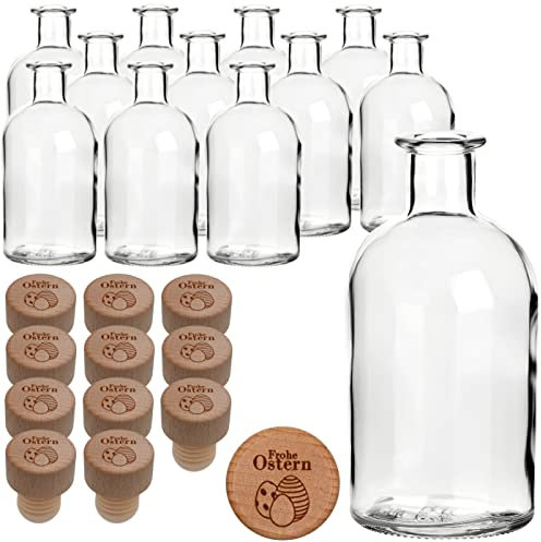 gouveo 12er Set Glasflasche 250 ml Apotheker mit Holzgriffkorken Frohe Ostern III - Leere Flasche mit Korken zum Befüllen Apothekerflaschen, Likörflaschen, Deko-Flaschen