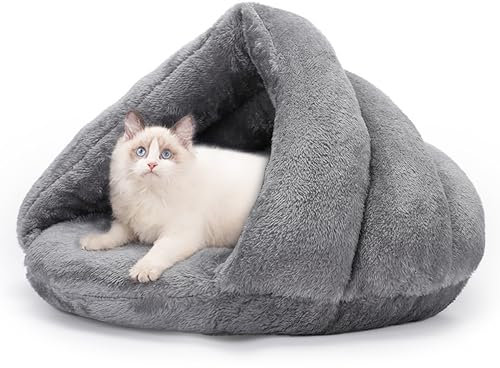ALLSOPETS Hundebett Katzenhöhle Gemütliches Zelt für Katzen Kleine Hunde und Welpen Dreieckiges Haustierbett mit Rutschfester Unterseite für Komfortablen Schlaf (Hellgrau, L)