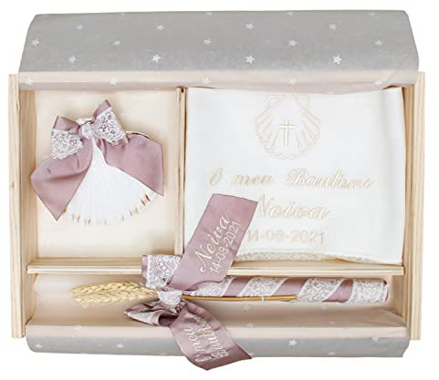 Kit de lujo Personalizado para Bautizo - Conjunto de Vela, Pañuelo y Concha bordado – Caja de madera grabada con el nombre y fecha del Bautismo - Modelo París (Rosa Maquillaje)