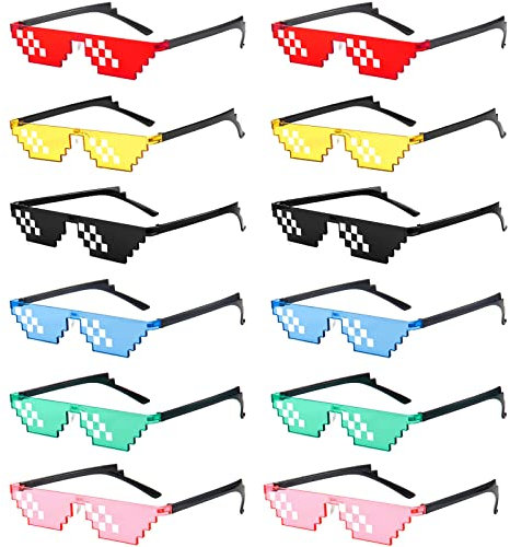 Thug Life Party-Sonnenbrille, 8 Bit, gemischte Farben, Mosaik, Gamer, MLG, Foto-Requisiten, Unisex-Brille, 6 Farben, 12 Stück