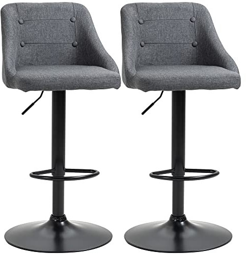 HOMCOM Modern Adjustable Bar Stools Set of 2, Swivel Fabric Barstools with Footrest, Armrests and Back, for Kitchen Counter and Dining Room, Dark Grey