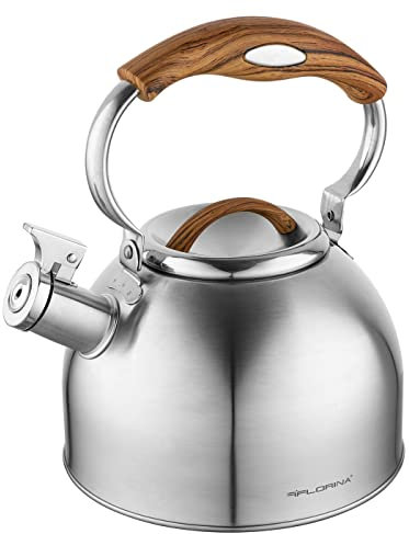 FLORINA JOE Tetera (2,5 l) I Acero Inoxidable I Tetera Silbadora con Mango Soft-Touch I Elementos Decorativos de Imitación de Madera I Cocina de Inducción, Gas y Eléctrica I Color: Plata