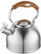 FLORINA JOE Wasserkessel (2,5 l) I Edelstahl Teekessel I Flötenkessel mit Soft-Touch Griff I Dekorative Elemente Holzimitation I Wasserkocher für Induktionsherd, Gasherd, Elektroherd I Farbe: Silber