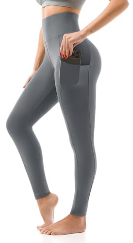SINOPHANT Sport Leggings Damen mit Taschen, High Waist Sportleggins Lang Blickdicht Laufhose Fitnesshose Sporthose Yogahose für Yoga Sport(#1er Pack Grau Seitentasche,L-XL)