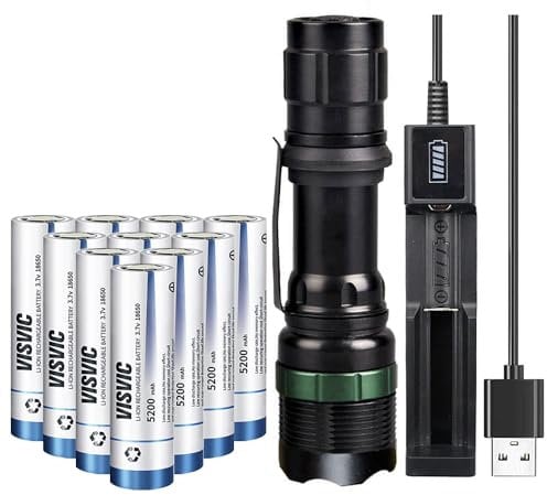 LED 18650 Torch, Head Swivel Zoomable, w/10 Flat Top Rechargeable 18650 Batteries, 3 Light Modes, Waterproof Torch with USB Charger for Dog Walking, Night Cycling, Essential Tool for Home Emergency