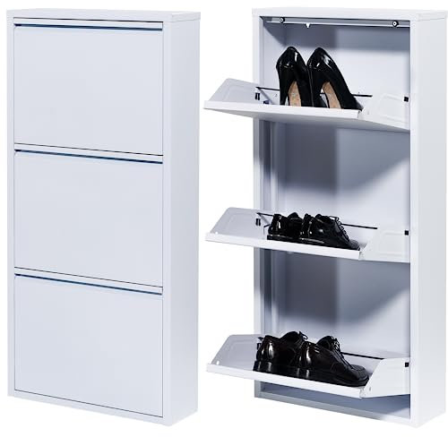 Atahome Slim Shoe Cabinet Narrow Shoe Storage Cabinet for hallway wall mounted thin flip down Tall Metal Shoe Rack Storage Organiser Shoe cupboard Indoor Assos 3-Drawer (White)