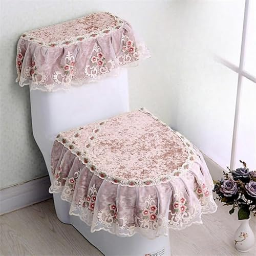 YOFAB 3pcs/set Sage Green Lace Flower Velvet Toilet Lid and Tank Covers with Pocket Toilet Seat Cover Pads Bathroom Decorations