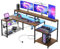 Bestier 181CM L Shaped Corner Desk with Power Outlets LED Lights Gaming Desk with Long Monitor Stand Large Computer Desk with Storage Shelf Cup Holder Headset Hooks Ideal for Gaming Room