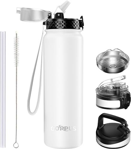 Goppus 1L/32oz Bouteille d'eau Acier Inoxydable avec Paille Bouteille d'eau Thermique Chaude à Double Paroi en Acier Bouteilles d'eau Isolées Bouteille d'eau Froide étanche Adulte avec 3 Couvercles