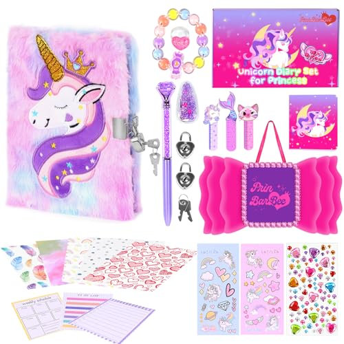 PrinBarBee Unicorn Diary for Girls with 2 Lock and 2 Keys, Plush Secret Notebook Set with 160 Lined Pages,Tie-Dye Fuzzy Journal Set, Cut Gift for Writing and Drawing for Girls Ages 6 7 8 9 10 11 12 13