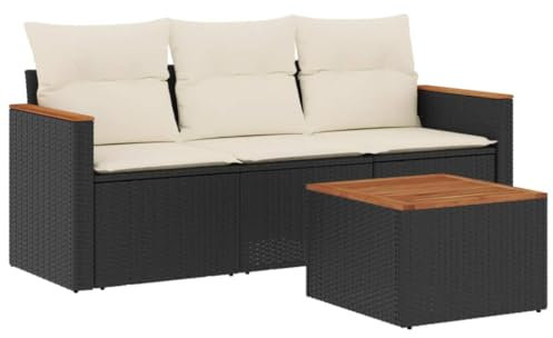 vidaXL Garten Sofagarnitur mit Kissen 4-TLG., Gartenmöbel Gartengarnitur, Sitzgruppe Sitzgarnitur, Lounge Sofa Garnitur Terrasse, Schwarz Poly Rattan