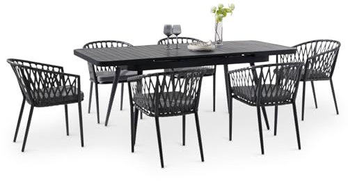 IDIMEX Gartenmöbel Set Sunny mit 1 ausziehbaren Esstisch und 6 Stühlen, Esstisch Gestell aus Alu in schwarz, Seilbespannung der Stühle in grau, Essgruppe inkl. Sitzkissen, Terassenmöbel