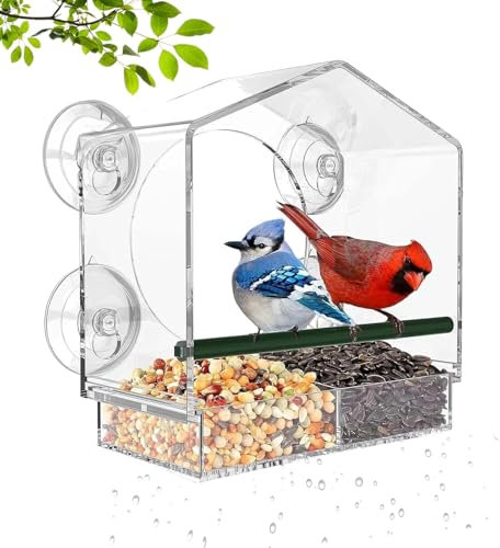 Bird Feeders, Window Bird Feeder Comes With 4 Strong Suction Cups And Removable Seed Tray, Squirrel Proof Bird Feeders, Acrylic Clear Bird Feeder Is A Garden Gift For Older Grandparents