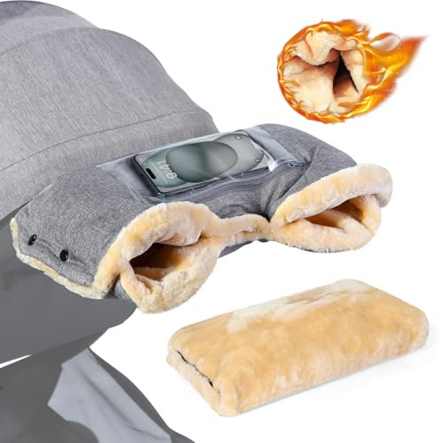 Orzbow Kinderwagen Handwärmer,Warm Muff Kinderwagen mit Lammfellimitat,Stabil Handwärmer für Kinderwagen mit Handyfach,Wetterfester Stoff,Extremer Komfort,Enge Passform,Kinderwagenmuff im Winter,Grau