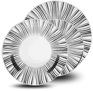 Service d'assiettes en porcelaine avec feuilles blanches et noires – Lot de 18 assiettes plates, fonds et desserts – Idéal pour toutes les occasions et faciles à nettoyer au lave-vaisselle