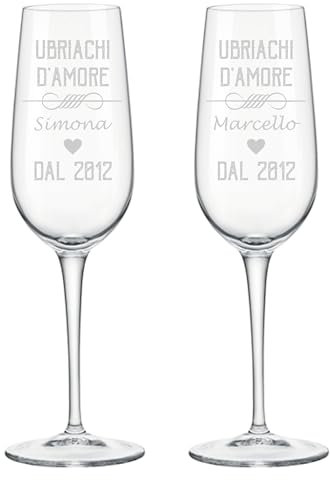 Colorfamily Set di 2 Calici Flute da Champagne Personalizzati con Incisione Ubriachi d'amore, Regalo Matrimonio Anniversario per Coppia