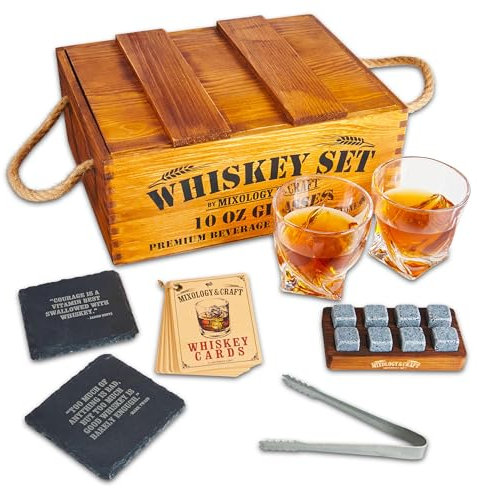 Mixology Whiskey Geschenkset - Whiskey Glas Set mit Rustikaler Holzkiste, 8 Granit Whiskey Steine, 10 Unzen Whiskey Gläser, für Männer, Vater, Ehemann,