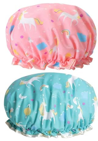 2 Pcs Unicorn Shower Caps Bath Caps Reusable Waterproof Double Layers for Women Hair Protection EVA Plastic Lace Elastic Band Hat Environmental,shower cap for kids,shower hat for kids