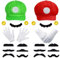 WELLXUNK Super Brothers Kostüm Zubehör, Super Bros Hut Schnurrbart Handschuhe Gelbe Knöpfe Set für Faschingskostüme Karneval Cosplay für Erwachsene Kinder Damen Herren