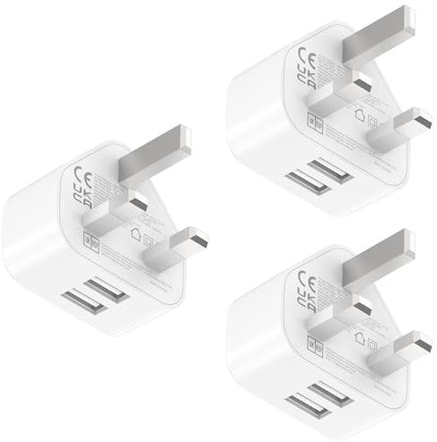 USB Plug UK Charger Adaptor - for iPhone 14 13 12 11 XS Max XS XR X 8 7 6 6S Plus 5 Plus SE Samsung Galaxy LG Android Cell Phone 3-Pack Dual Port Wall Power Adapter Mains Charging Pixelon (Small)