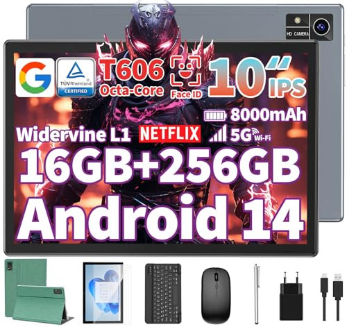 QDDQ Android 14 Tablet mit Tastatur, Tablet 10 Zoll mit 16GB+256GB, 1TB Expand, 8-Core, 8000mAh, 5G WiFi, Widevine L1, GMS, 1280P FHD, 2 in 1 mit Tastatur, Maus, Stylus (Grün)