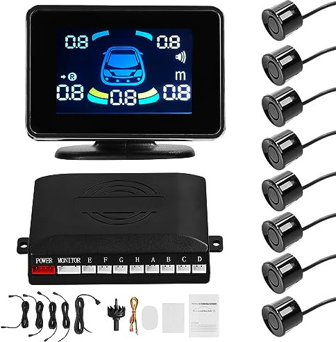 ACAGALA Sensore di parcheggio auto, sistema di retromarcia anteriore e posteriore, supporta l'allarme acustico/cicalino/muto con 8 sensori di parcheggio, rilevamento della distanza, indicatore di