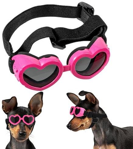 Ptwola Lunettes de soleil pour petit chien, protection UV, sangle réglable, en forme de cœur, anti-buée, coupe-vent, pour activités de plein air et accessoires photo - Rose