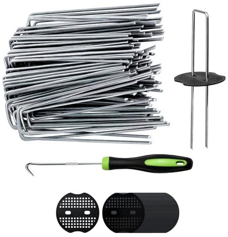 50 Picchetti Giardino con 1 Uncino Punta & 50 Rondelle, Chiodi Acciaio Zincato Telo Pacciamatura, Ancoraggio Terra per Fissaggio Rete Anti-Erbacce, Erba Artificiale, Recinzione Rete, Tenda Campeggio