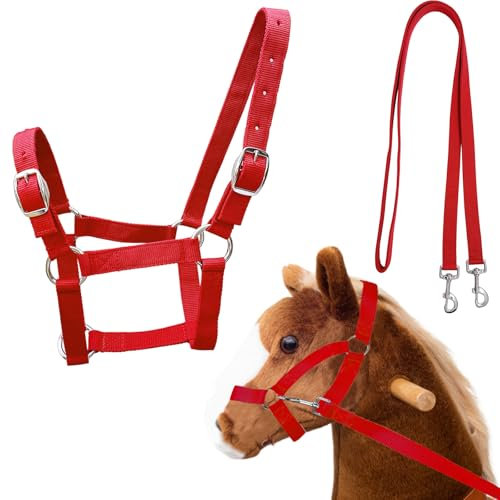 Holzpferd Zubehör Trense, Halfter für Holzpferd Verstellbar Rot Holzpferd Trense Shetty Halfter Führstrick Langzügel holzpferd, Verstellbarer Kinn Kopfband, Nicht geeignet für Kleine Holzpferde