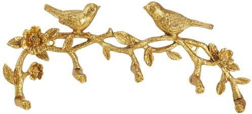 Bolifish Wandhaken im Vintage-Stil, goldfarben, Vogel auf Ast mit Blumen und Blättern, dekorativer Wandhaken für Mäntel, Hüte, Schlüssel, Handtücher und Kleidung (5 Haken)